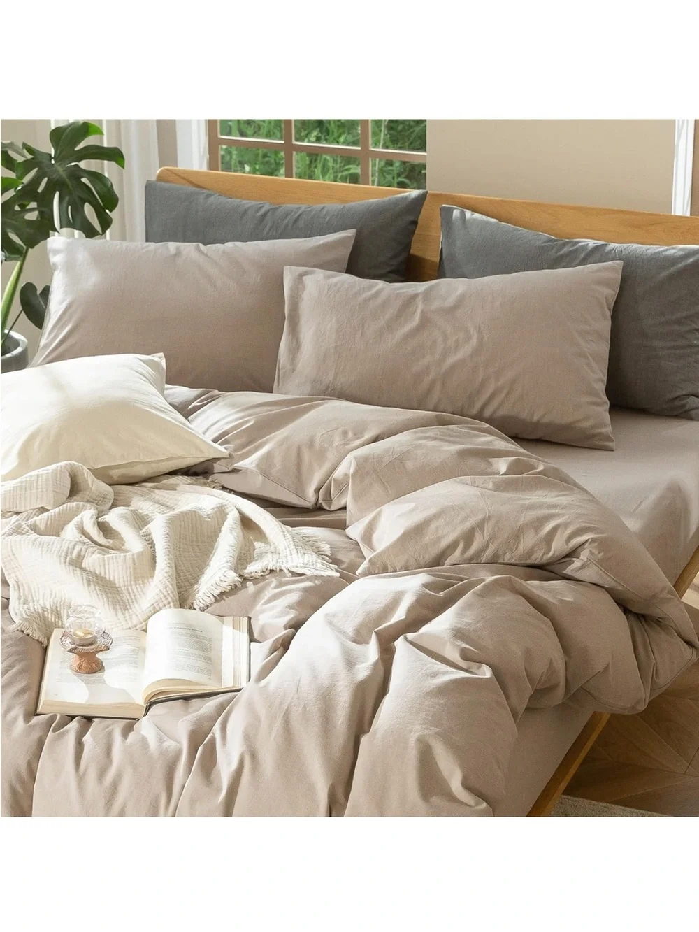 NEW MooMee Bedding Duvet Cover Set 100% Washed Cotton Linen Like. Taupe, Queen.